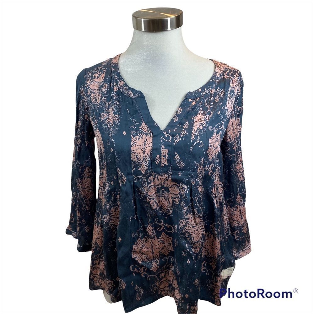 Ladies Odd Molly Printed Boho Peasant Blouse Size Large Blue and Pink